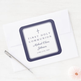 Elegantes Navy-Blau-Kreuz-Junge Erste Kommunion Quadratischer Aufkleber