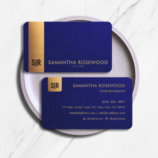 Elegantes Navy-Blau-Leder & Gold-Balken-Monogramm  Visitenkarte