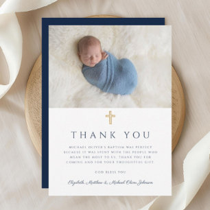 Elegantes Navy-Blau religiöses Kreuz Foto Dankeskarte