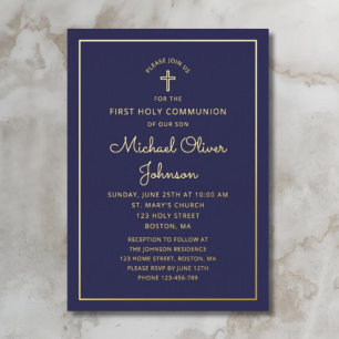 Elegantes Navy Blau Schrift Erstkommunion Gold Folieneinladung
