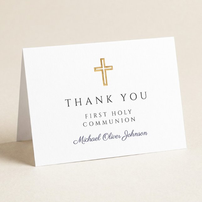 Elegantes Navy Blau Schrift Junge Erste Kommunion  Dankeskarte (Elegant Navy Blue Script Boy First Communion Thank You Card)