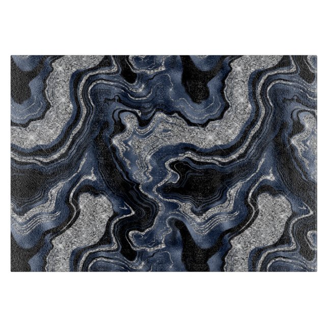 Elegantes Navy Blau & Silber Glitter Agat Muster Schneidebrett (Vorderseite)