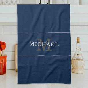 Elegantes Navy Blau Silber Monogramm Benutzerdefin Geschirrtuch
