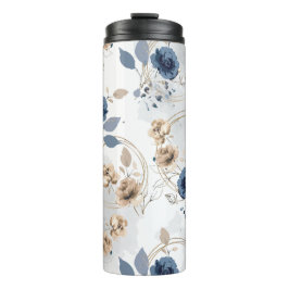 Elegantes Navy Blau und Gold Blumen-Wasserfarben-M Thermosbecher