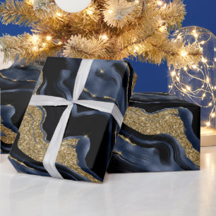Elegantes Navy Blau und Gold Glitter-Achat Geburts Geschenkpapier