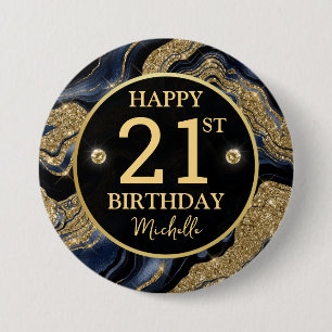Elegantes Navy Blau und Gold Glitter Agate Geburts Button