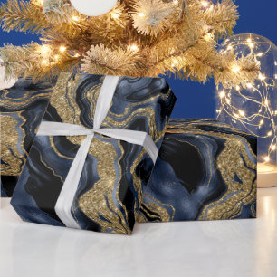 Elegantes Navy Blau und Gold Glitter Agate Geburts Geschenkpapier