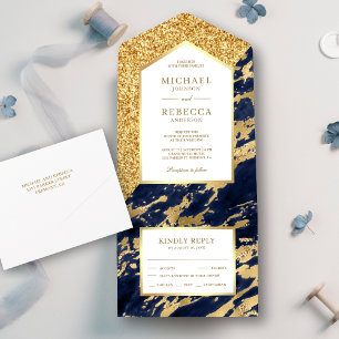 Elegantes Navy Blau und Gold Glitter Marmor Hochze All In One Einladung