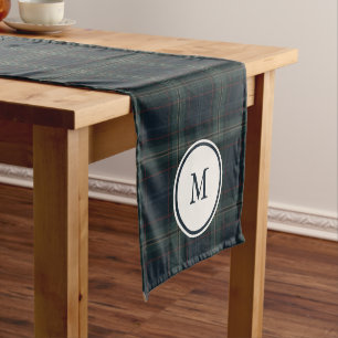 Elegantes Navy-Blau und Grün kariertes Monogramm Kurzer Tischläufer