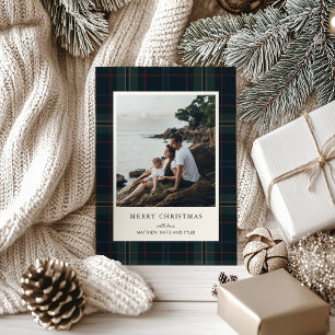 Elegantes Navy Blau und Grün kariertes Weihnachtsf Feiertagskarte