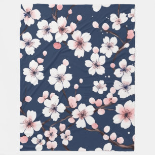 Elegantes Navy-Blau und rosa Kirschblütenmuster Fleecedecke