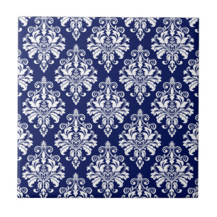 Elegantes Navy Blau und Weiß Damastmuster Fliese