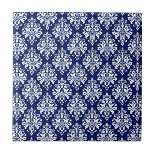 Elegantes Navy Blau und Weiß Damastmuster Fliese