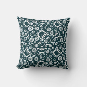 Elegantes Navy Blau Weiß Florales Vintage-Rankenwe Kissen