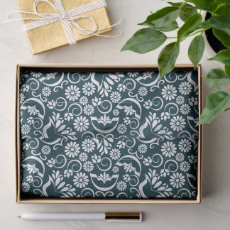 Elegantes Navy Blau Weiß Florales Vintage-Rankenwe Seidenpapier