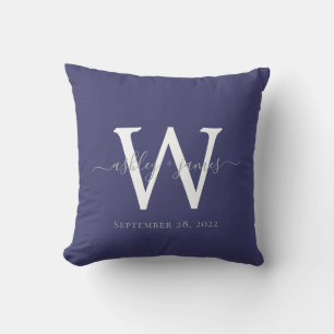 Elegantes Navy-Blau-Weiß-Monogramm-Hochzeitsandenk Kissen