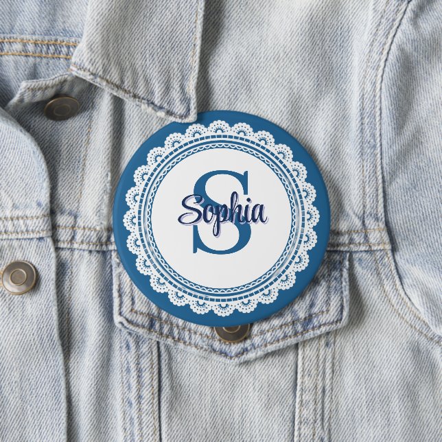 Elegantes Navy Blau Weiß Spitze Monogramm Name Button (Beispiel)
