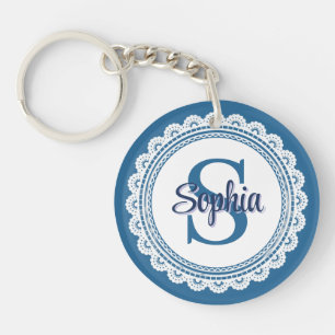 Elegantes Navy Blau Weiß Spitze Monogramm Name Schlüsselanhänger