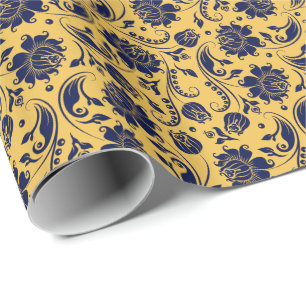 Elegantes Navy Blaues Blumen Damast mit gelbem Hin Geschenkpapier