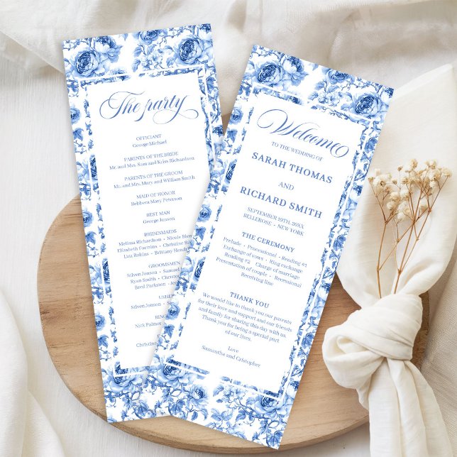 Elegantes Navy-Blaues Florales Toile-Hochzeitsprog Programm (Chic Navy Blue Floral Toile Wedding Program)