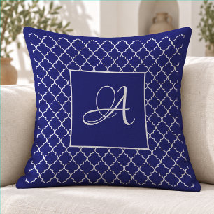 Elegantes Navy Blaues Marokkanisches Damast-Monogr Kissen