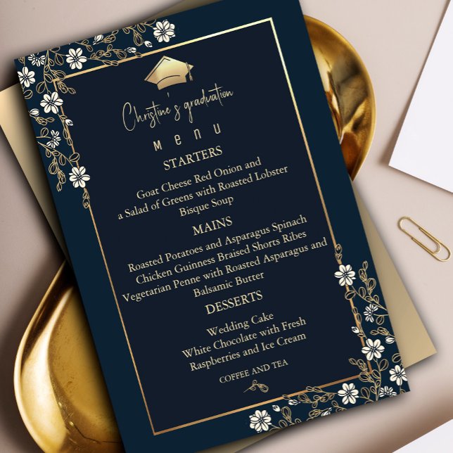 Elegantes Navy Blue and Gold Abschluss Menü Einladung (Elegant Navy Blue and Gold Graduation #graduationparty #graduate #menu #dinner #dining #floralframe)