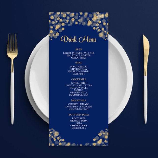 Elegantes Navy Blue and Gold Drink Menü (Von Creator hochgeladen)