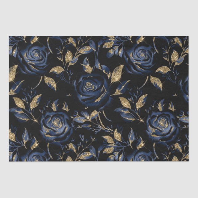 Elegantes Navy Blue and Gold Rose Blumenmuster Seidenpapier (Vorderseite)