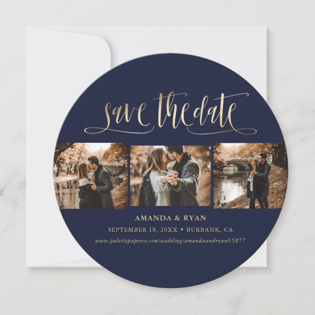 Elegantes Navy Blue and Gold Wedding Foto Save The Date (Vorderseite)
