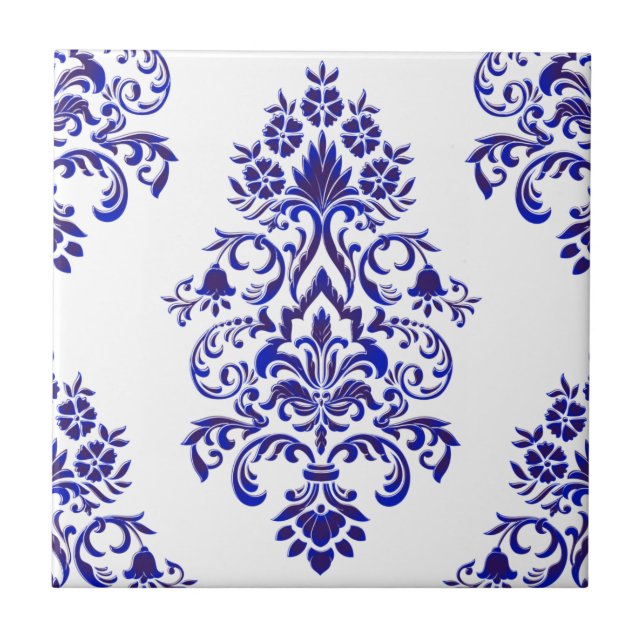 Elegantes Navy Blue and White Damask Muster   Fliese (Vorderseite)