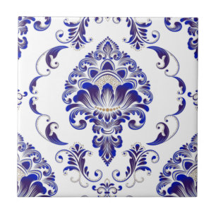 Elegantes Navy Blue and White Damask Muster  Fliese
