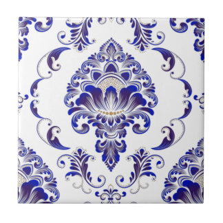 Elegantes Navy Blue and White Damask Muster Fliese