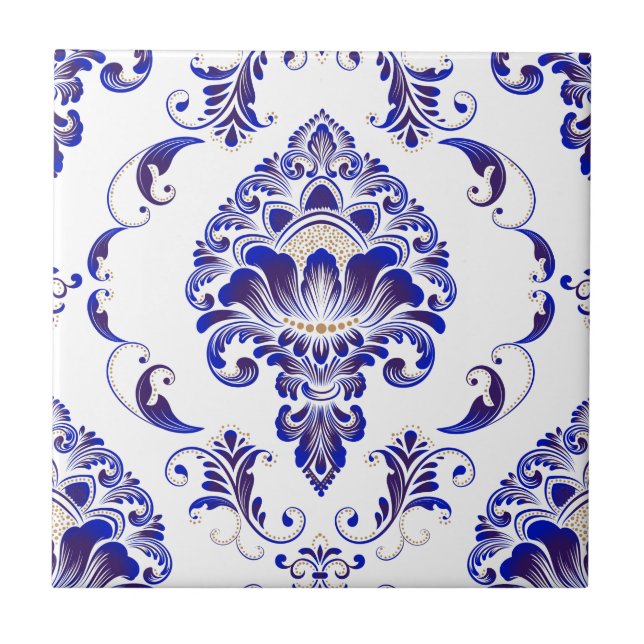 Elegantes Navy Blue and White Damask Muster  Fliese (Vorderseite)
