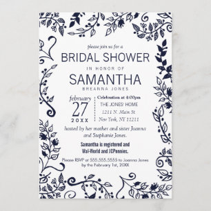 Elegantes Navy Blue and White Floral Brautparty Einladung