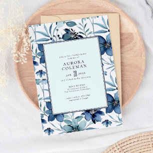 Elegantes Navy Blue Aquamarin Floral Brautparty Einladung