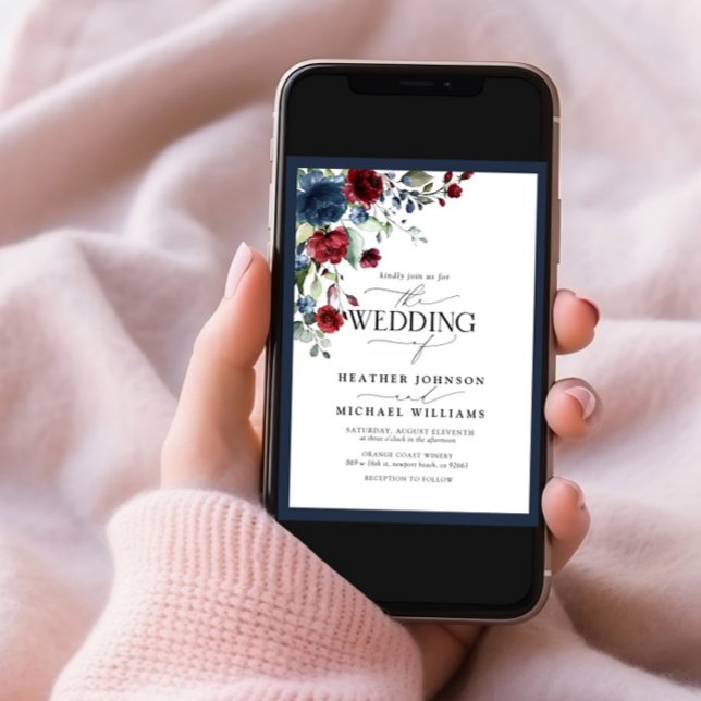 Elegantes Navy Blue Burgundy Floral Watercolor Fot Einladung (Von Creator hochgeladen)