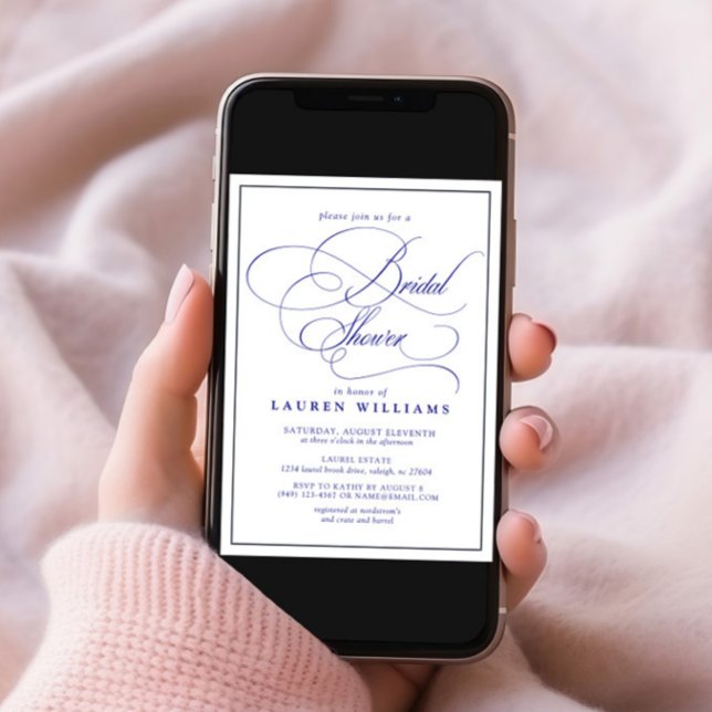 Elegantes Navy Blue Calligraphy Formal Brautparty Einladung (Von Creator hochgeladen)