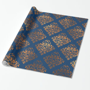 Elegantes Navy Blue Copper Gold Damask Muster Geschenkpapier