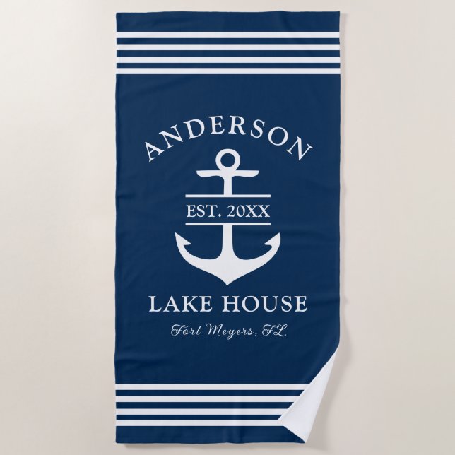 Elegantes Navy Blue Custom Family Lake House Strandtuch (Vorderseite)