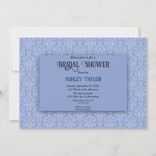 Elegantes Navy Blue Damask Script-Brautparty Einladung (Vorderseite)