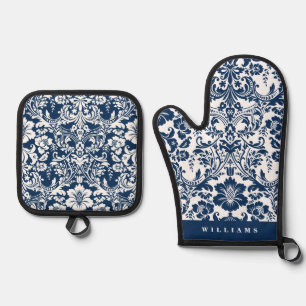 Elegantes Navy Blue Floral Damask Muster Ofenhandschuh & Topflappen-Set