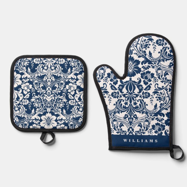 Elegantes Navy Blue Floral Damask Muster Ofenhandschuh & Topflappen-Set (Vorderseite)