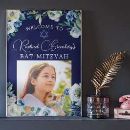 Elegantes Navy Blue Floral Foto Bat Mitzvah Willko Poster