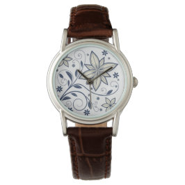 Elegantes Navy Blue Floral Muster | Armbanduhr
