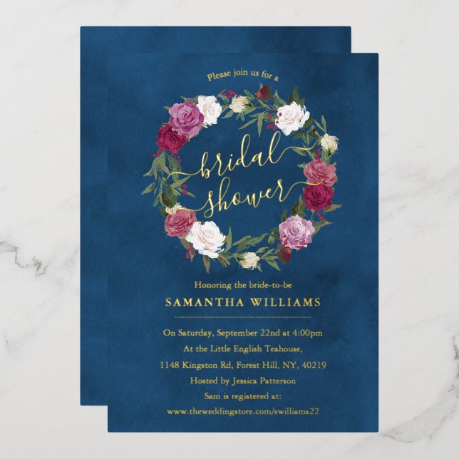 Elegantes Navy Blue Floral Wreath Brautparty Real Folieneinladung (Vorderseite/Rückseite)