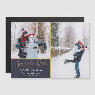 Elegantes Navy Blue Foto Collage Gold Magneteinladung