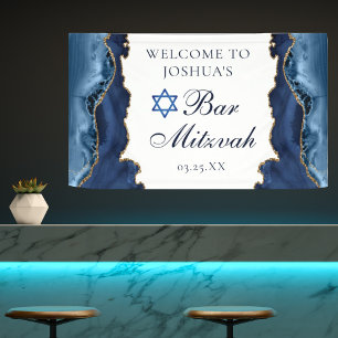 Elegantes Navy Blue Gold Agate Bar Mitzvah Party Banner