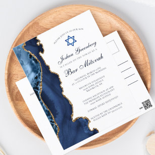 Elegantes Navy Blue Gold Agate Bar Mitzvah Party Postkarte