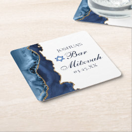 Elegantes Navy Blue Gold Agate Bar Mitzvah Party Rechteckiger Pappuntersetzer