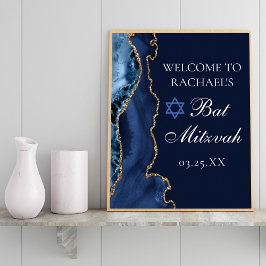 Elegantes Navy Blue Gold Agate Bat Mitzvah Party Poster